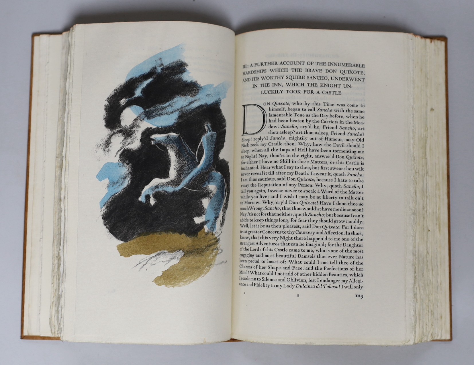 Nonesuch Press - Cervantes, Miguel de - The History of the renowned Don Quixote, 2 vols, illustrated with 21 colour plates by E. McKnight Kauffer, one of 1475, 8vo, tan niger, The Nonesuch Press, London, 1930
